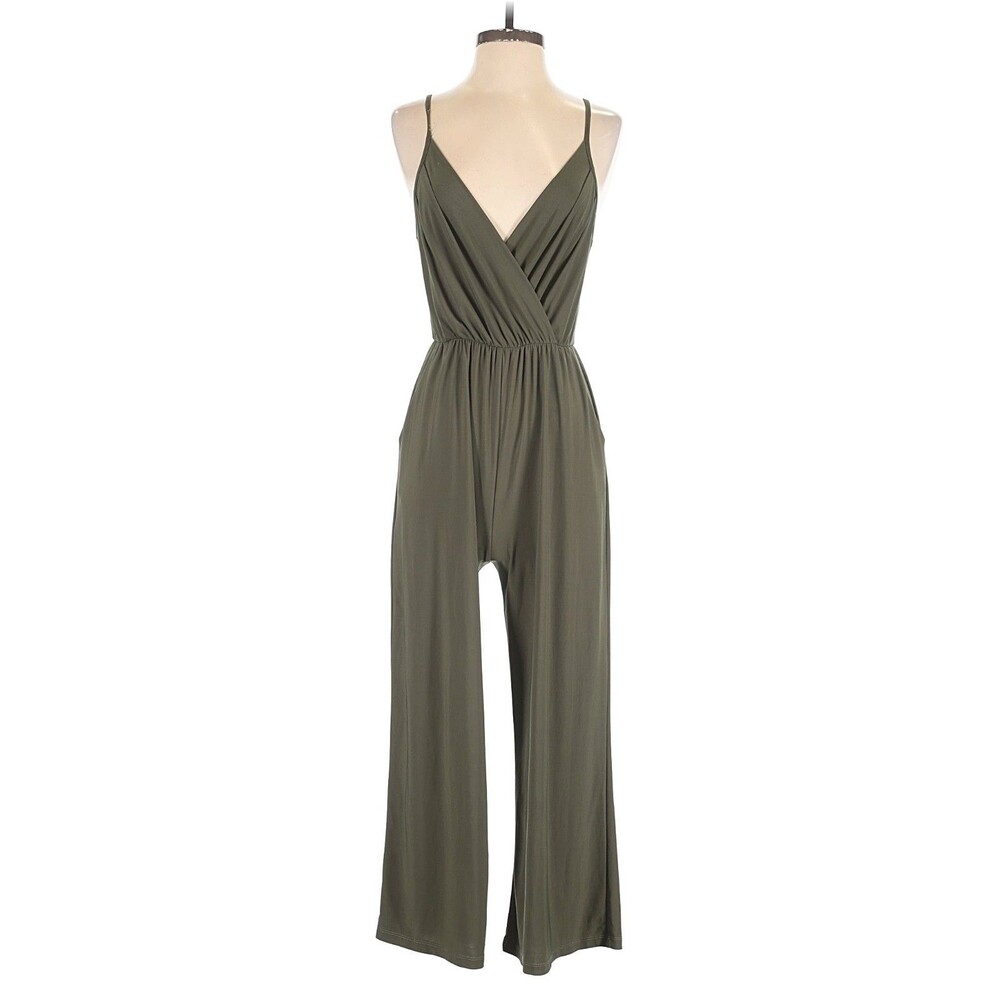 Kaileigh Deep Cowl Olive Green Jumpsuit Elastic Waist Spaghetti Strap Size M